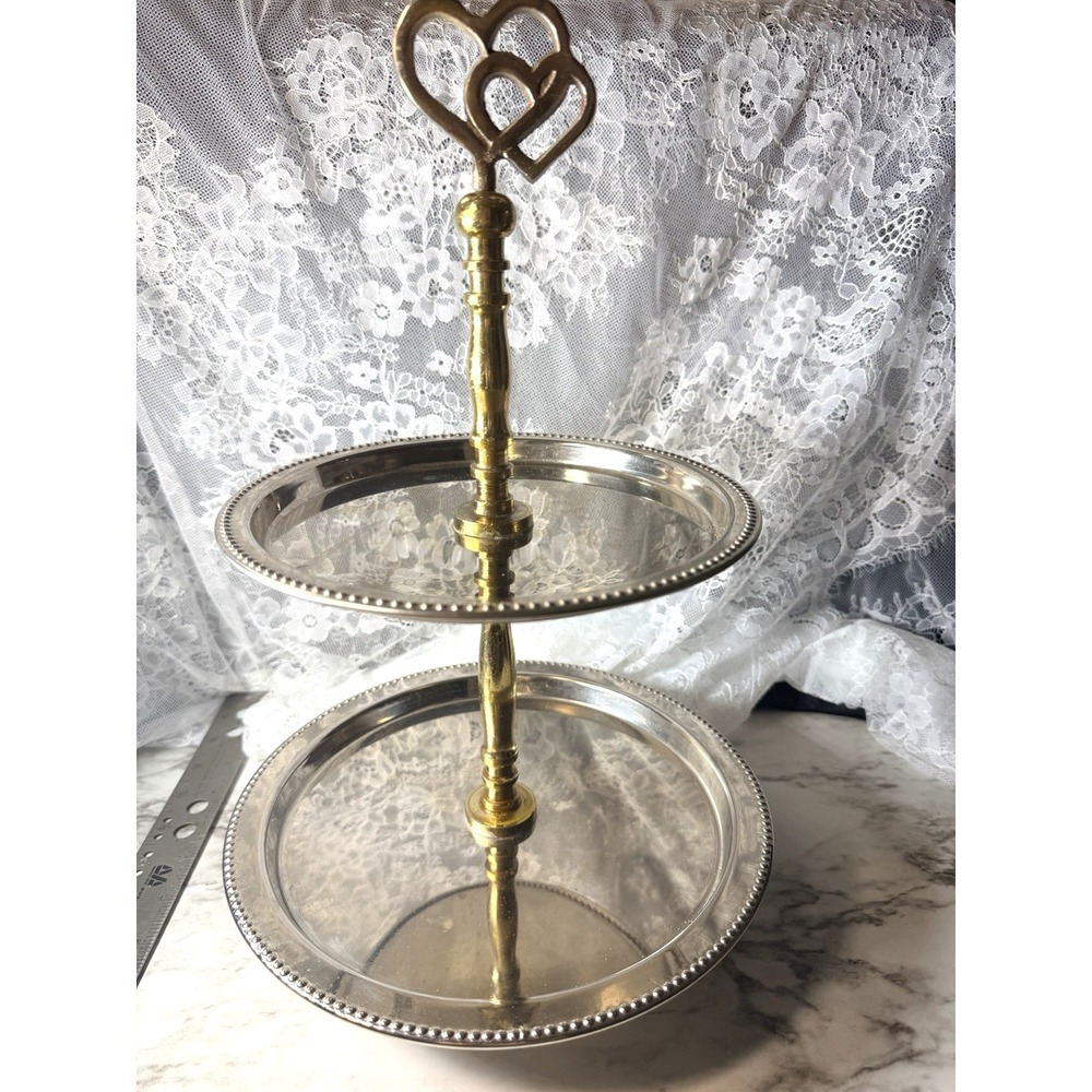 2 Tier Silver Gold Heart Tray Stand Display Decor 15" Beaded (P2902)